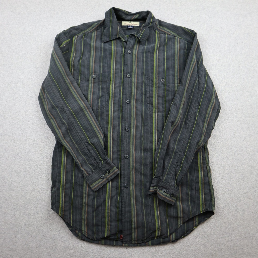 Tommy Bahama Button Down Shirt Mens Small Charcoal Grey Green Striped Silk Blend